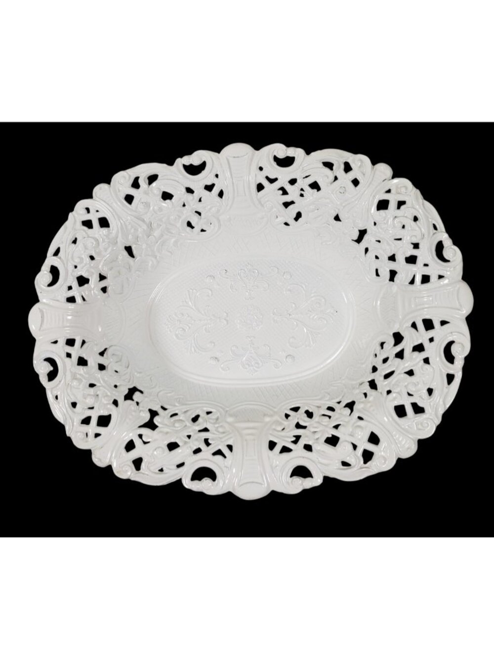 Italian Metal Oval Bowl Off White Painted Filigree Stamped C.T.7 Intricate VTG